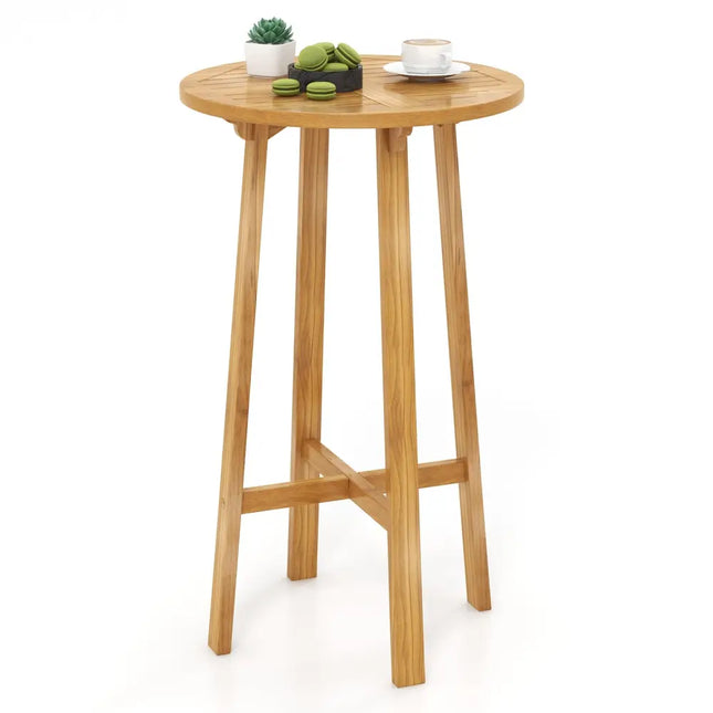 24 Inch Teak Wood Round Bar Table with Footrest for Indoors Outdoors Costway