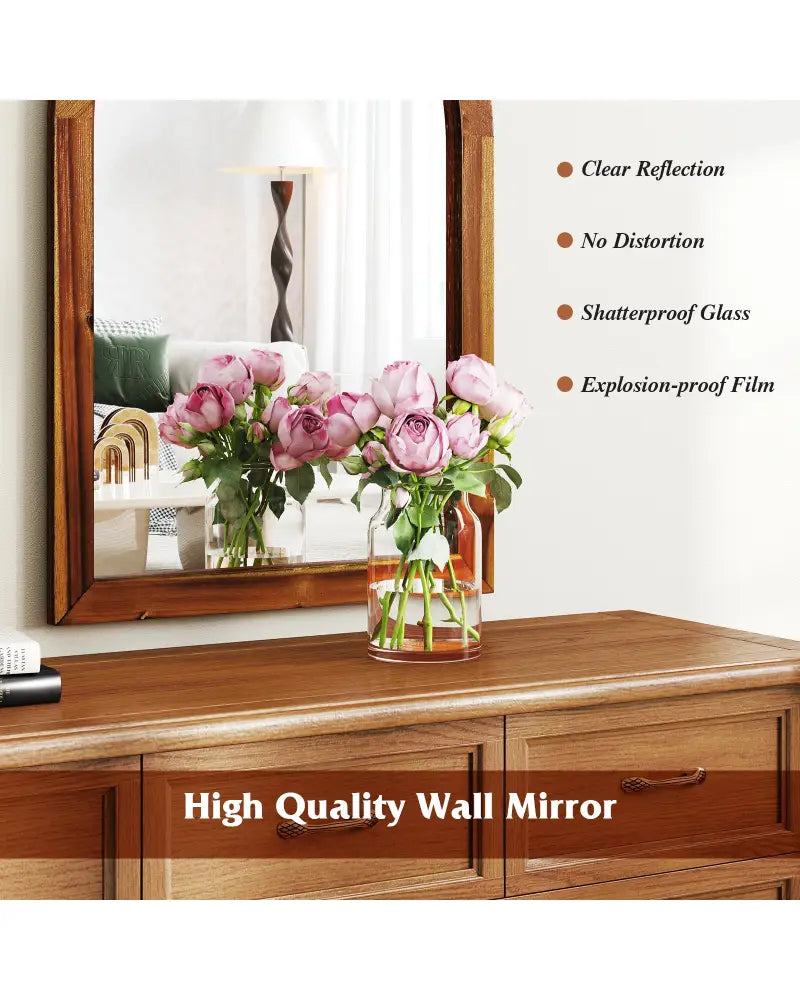 24 Inch x 35 Inch Arched Wall Mirror with Solid Acacia Wood Frame-Brown - Brown - Wall Mirrors
