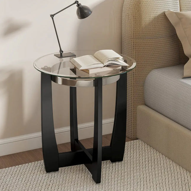 24 Inches Round Side Table with Tempered Glass Top and Solid Rubber Wood Base-Black Costway