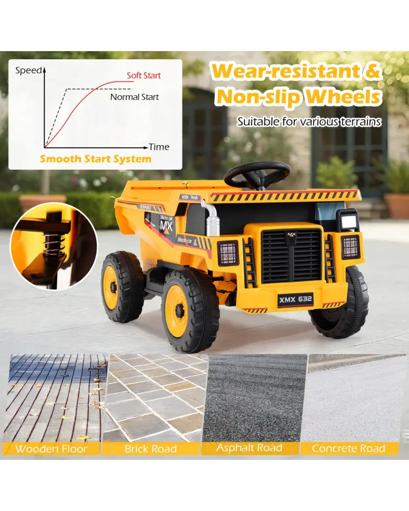 24V Construction Electric Vehicle with Dump Bed and Remote Control for Aged 3-8-Yellow - Yellow - Powered Ride On Toys