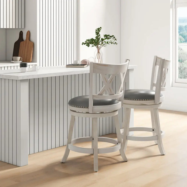25.5 Inch Hand-Antiqued Stool Set of 2 with Wider Padded Seat-White Costway