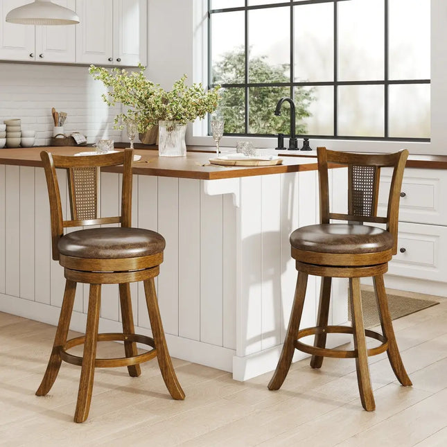 25 Inch Set of 2 Bar Stools with PE Rattan Backrest and Rubber Wood Frame-Brown Costway