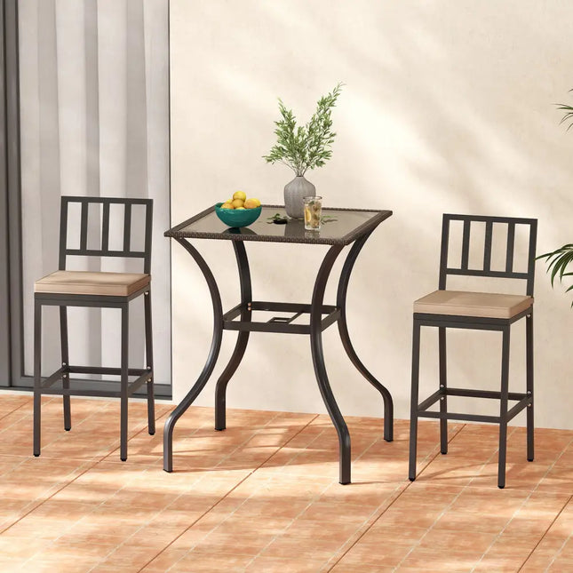28.5 Inch Outdoor Patio Square Glass Top Table with Rattan Edging - Brown - Patio Bar Furniture