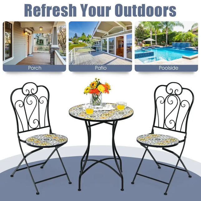 28 Inch Mosaic Round Table with Exquisite Floral Pattern - Yellow - Patio Tables