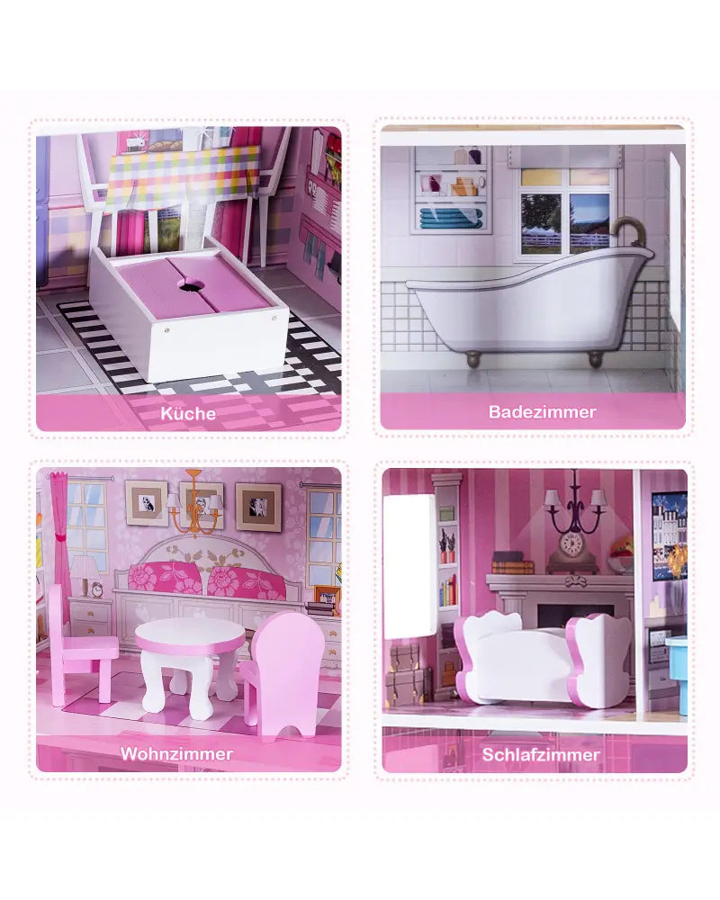 28 Inch Pink Dollhouse with Furniture - Pink - Play Tents & Playhouse