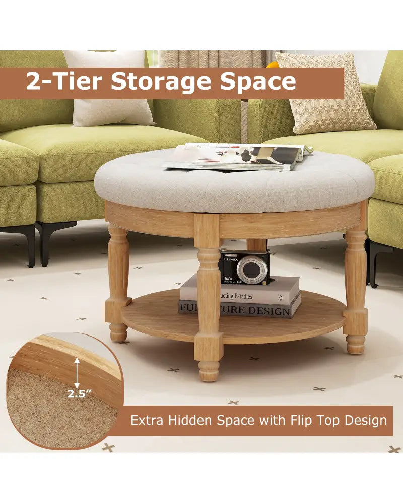 29 Inch Large Round Ottoman Coffee Table 2-Tier Upholstered Tufted Footrest Ottoman with Flip-up Top-Beige - Beige