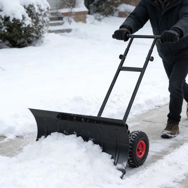 29 Inch Snow Pusher Heavy Duty Metal Shovel with Wheels and Adjustable Handle-Black - Black - Snow Removal
