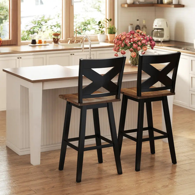 29" Rubberwood Swivel Barstools Set of 2 with Backrest and Large Seat-Black Costway
