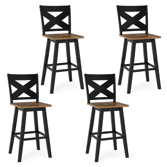 29" Rubberwood Swivel Barstools Set of 4 with Backrest and Large Seat-Black Costway