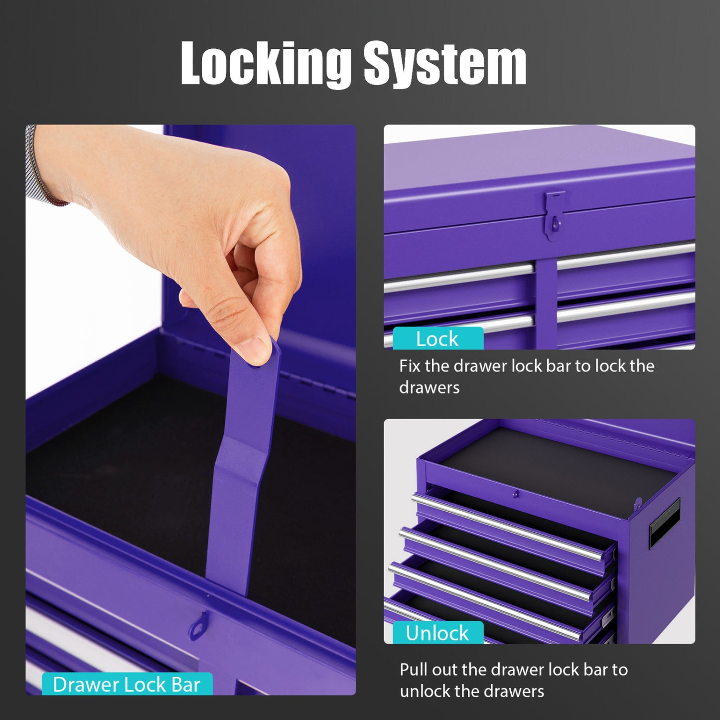 2-in-1 Rolling Tool Chest with 5 Sliding Lockable Drawers-Purple