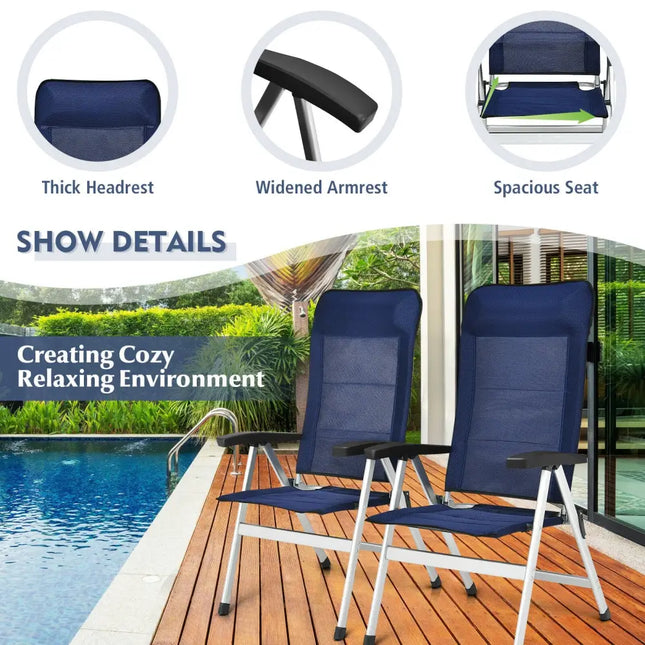 2Pcs Patio Dining Chair with Adjust Portable Headrest-Blue - Blue - Patio Dining Chairs