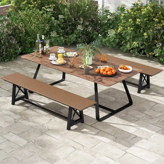 3-4 Person Outdoor HDPE Bench with Metal Frame-Brown - Brown - Outdoor Benches