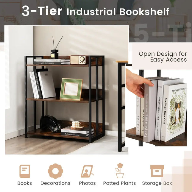 3/5-Tier Industrial Bookshelf Storage Shelf Display Rack with Adjustable Shelves-3-Tier Costway