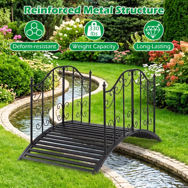 3.9 ft Garden Metal Bridge with Dual Patterned Side Rails - Black - Outdoor Decor