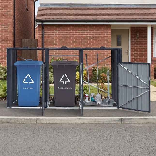 3-Bin Metal Trash Can Storage Shed with Flip-Up Lids for Yard-Dark Gray - Dark Gray - Sheds & Outdoor Storage