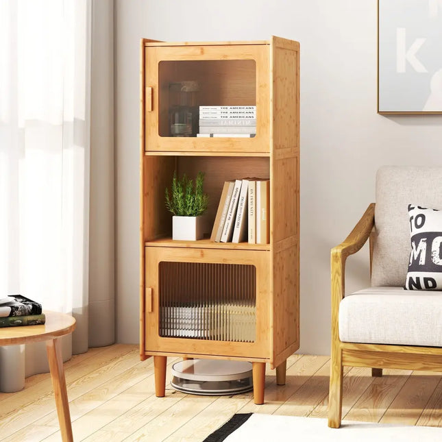 3-Cube Bamboo Storage Cabinet with Open Compartment and 2 Acrylic Doors-Natural Costway