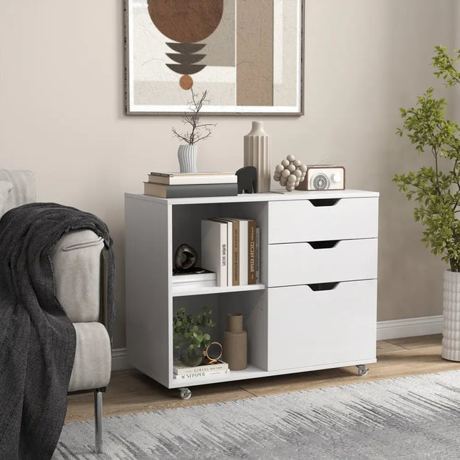 3-Drawer File Cabinet with Adjustable Shelf and Wheels for Letter-White Costway