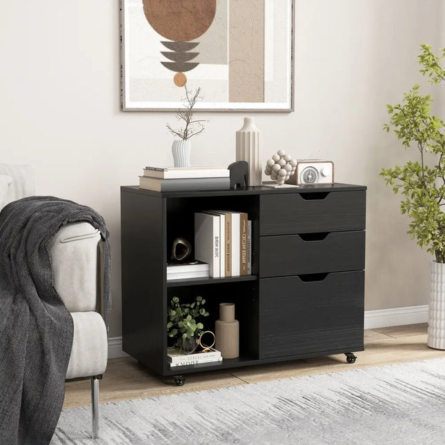 3-Drawer File Cabinet with Adjustable Shelf and Wheels for Letter-Black Costway
