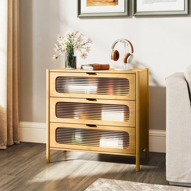 3 Drawer Mid Century Modern Chest of Drawers with Reeded Tempered Glass Front-Natural Costway
