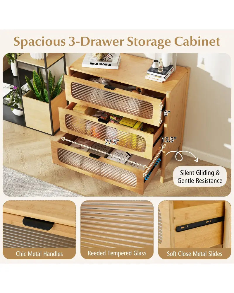 3 Drawer Mid Century Modern Chest of Drawers with Reeded Tempered Glass Front-Natural - Natural - Cabinets & Chests