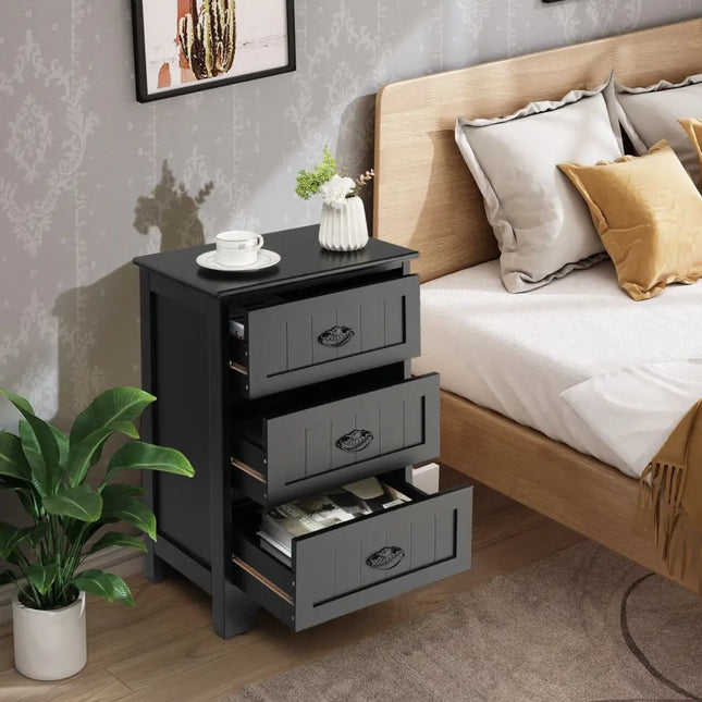 3 Drawers End Storage Wood Side Nightstand-Black Costway