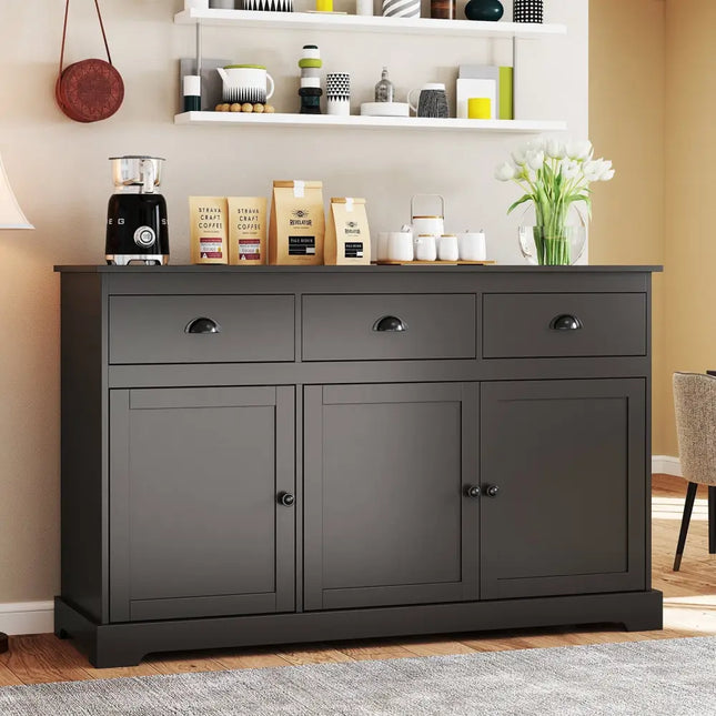 3 Drawers Sideboard Buffet Storage with Adjustable Shelves-Brown Costway