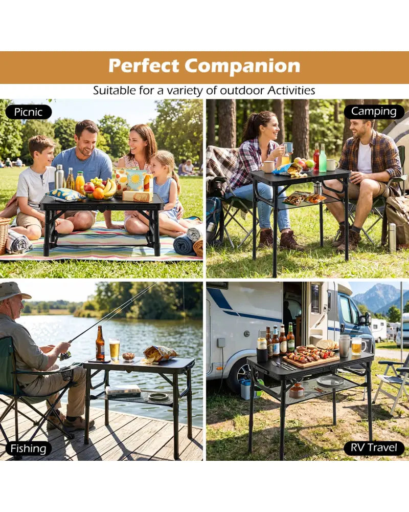 3-Height Folding Camping Table with Large Storage Net & Handle-Black - Black - Camping Furniture
