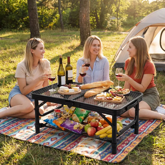 3-Height Folding Picnic Table with Large Storage Net and Handle-Black - Black - Camping Furniture