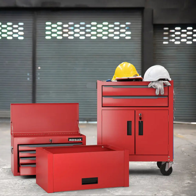 3-in-1 6-Drawer Rolling Tool Chest Storage Cabinet with Universal Wheels and Hooks-Red - Red - Garages