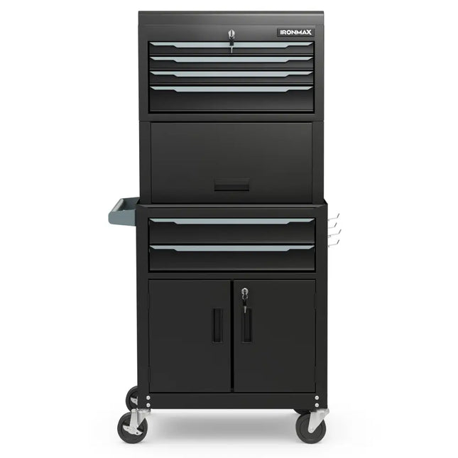 3-in-1 6-Drawer Rolling Tool Chest Storage Cabinet with Universal Wheels and Hooks-Black - Black - Garages