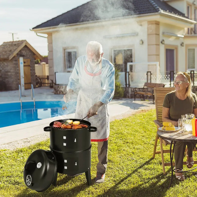 3-in-1 Charcoal BBQ Grill Cambo with Built-in Thermometer - Black - Outdoor Grills