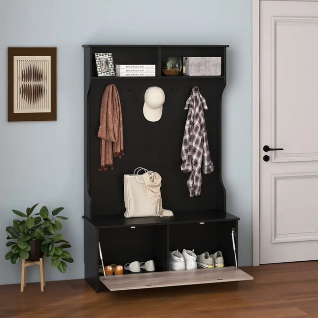 3 in 1 Coat Rack with Entryway Bench and Hooks and Enclosed Cabinet-Black - Black - Coat Racks & Hall Trees