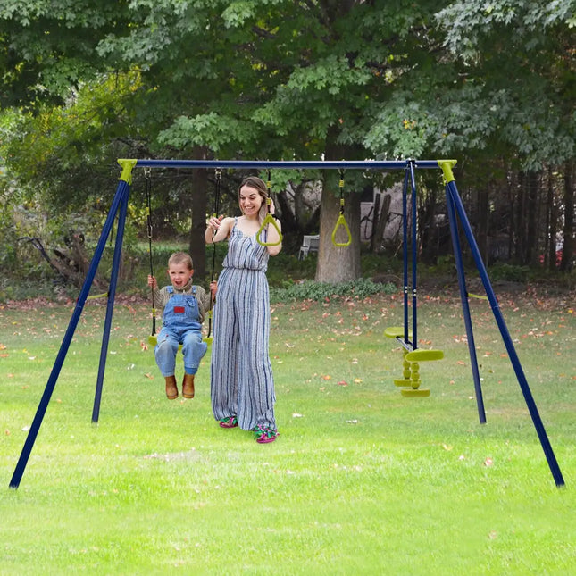 3-in-1 Outdoor Swing Set for Kids Aged 3 to 10 - Blue - Swing & Playsets