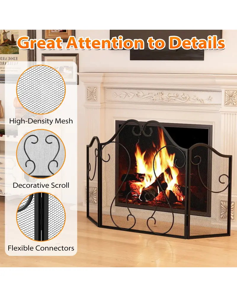 3 Panel Fireplace Screen Foldable Spark Guard Cover with Decorative Scroll - Fireplace Tools