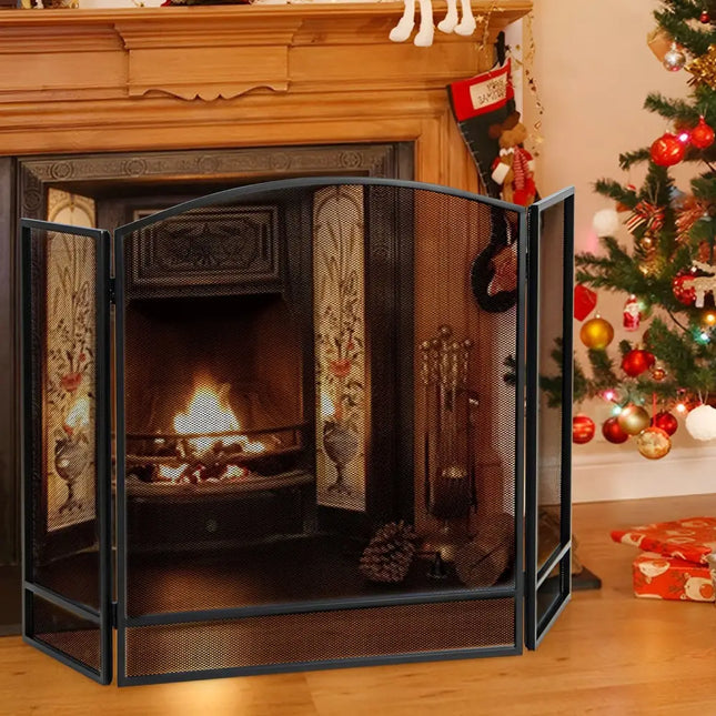 3-Panel Foldable Fireplace Screen with Wrought Metal Mesh-Black - Black - Fireplace Tools