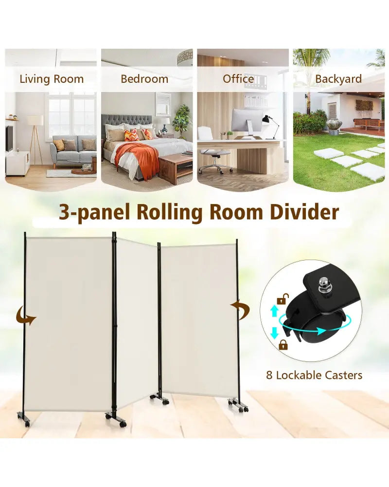 3 Panel Folding Room Divider with Lockable Wheels-White - White - Room Dividers