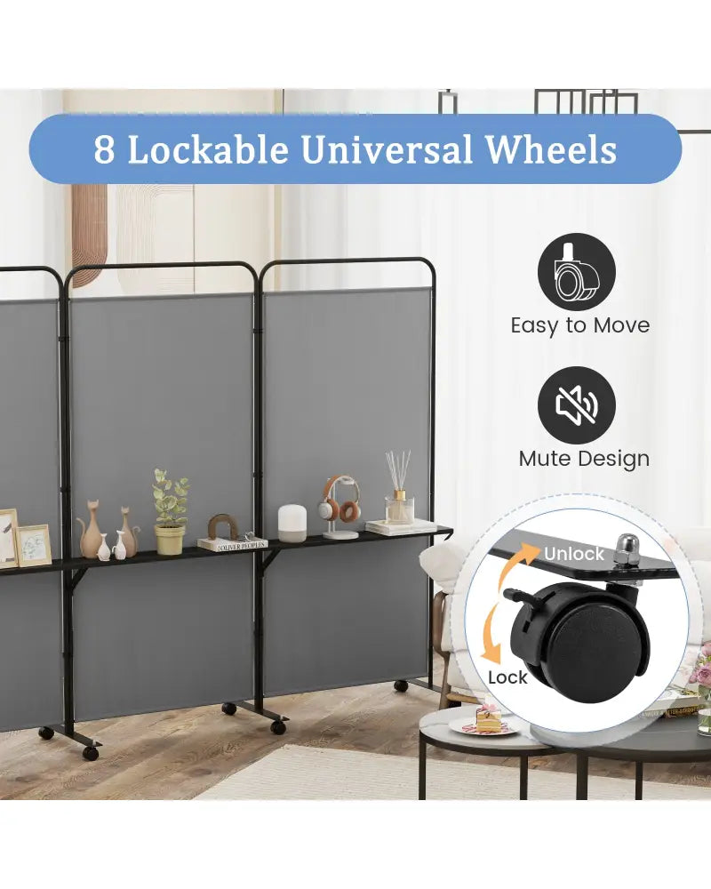 3-Panel Folding Room Divider with 3 Metal Shelves and Lockable Wheels-Gray - Gray - Room Dividers