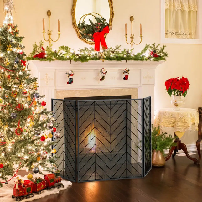 3-Panel Metal Foldable Fireplace Screen with Metal Mesh-Black - Black - Fireplace Tools