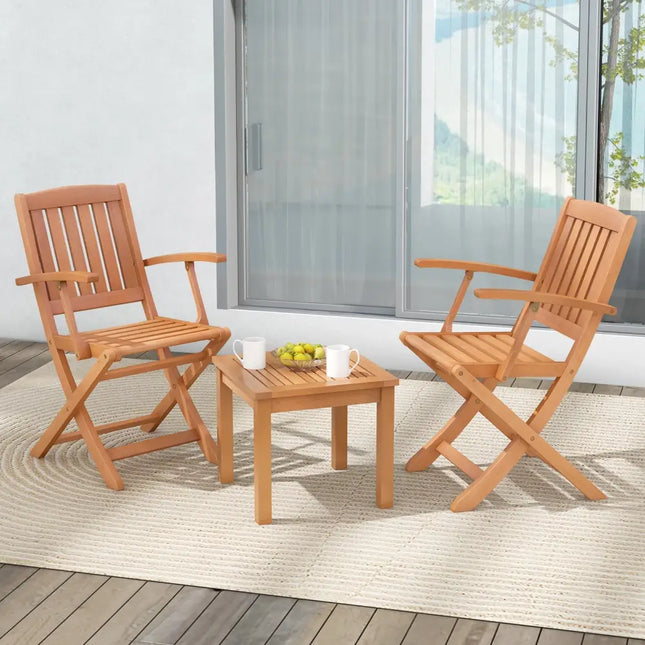 3 PCS Eucalyptus Wood Patio Bistro Set with 2 Folding Arm Chairs - Patio Dining Sets