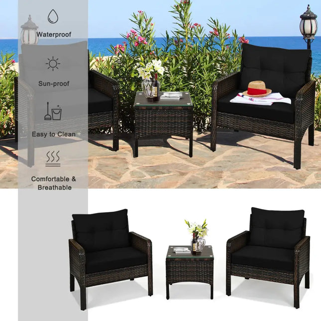 3 Pcs Outdoor Patio Rattan Conversation Set with Seat Cushions-Black - Black - Patio Conversation Sets