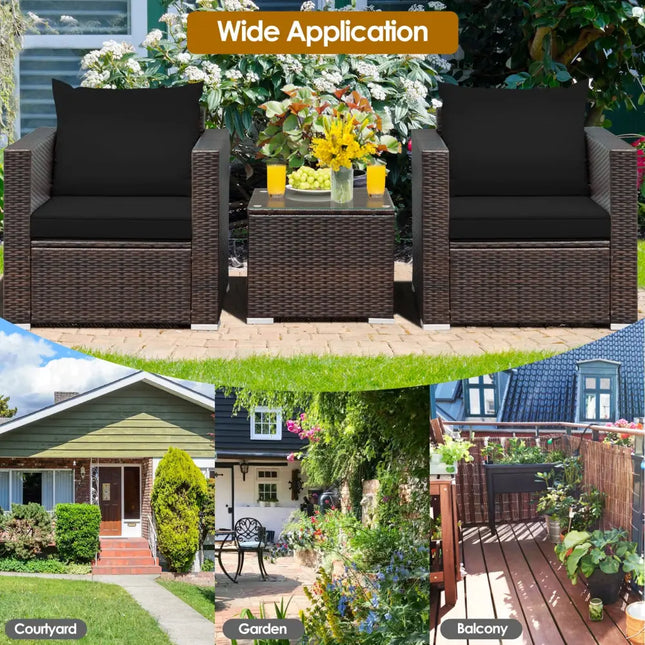 3 Pcs Patio Conversation Rattan Furniture Set with Cushion-Black - Black - Patio Conversation Sets