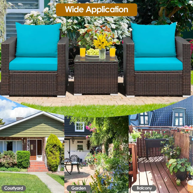 3 Pcs Patio Conversation Rattan Furniture Set with Cushion-Turquoise - Turquoise - Patio Conversation Sets