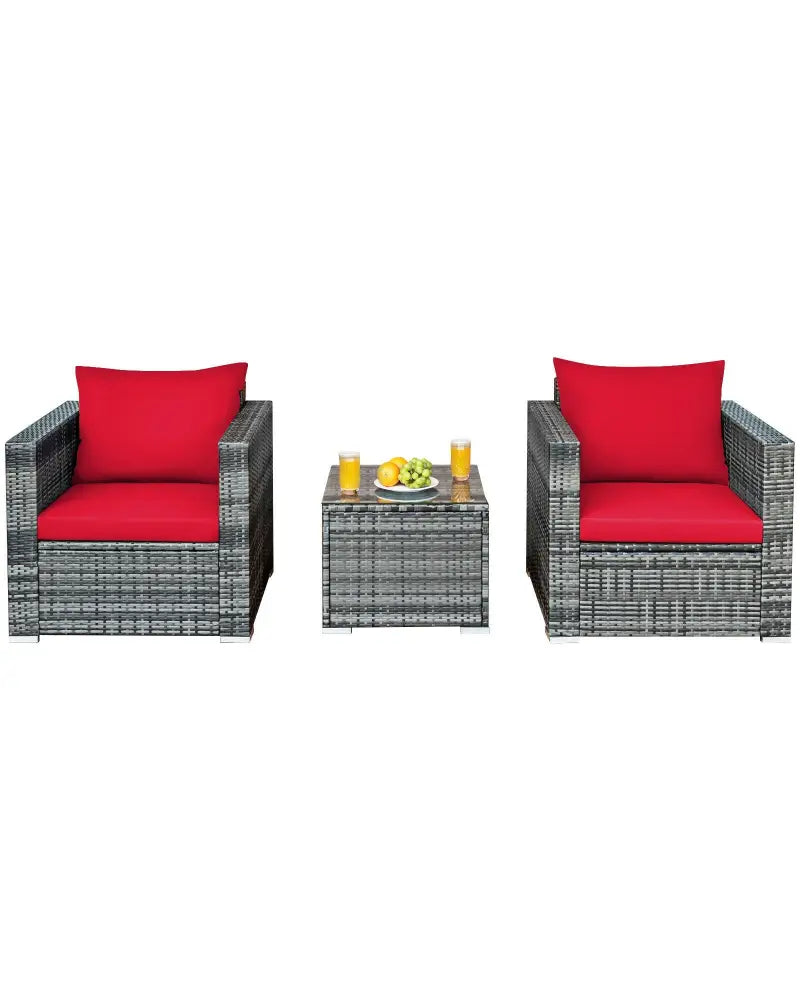 3 Pcs Patio Rattan Furniture Bistro Sofa Set with Cushioned-Red - Red - Patio Conversation Sets
