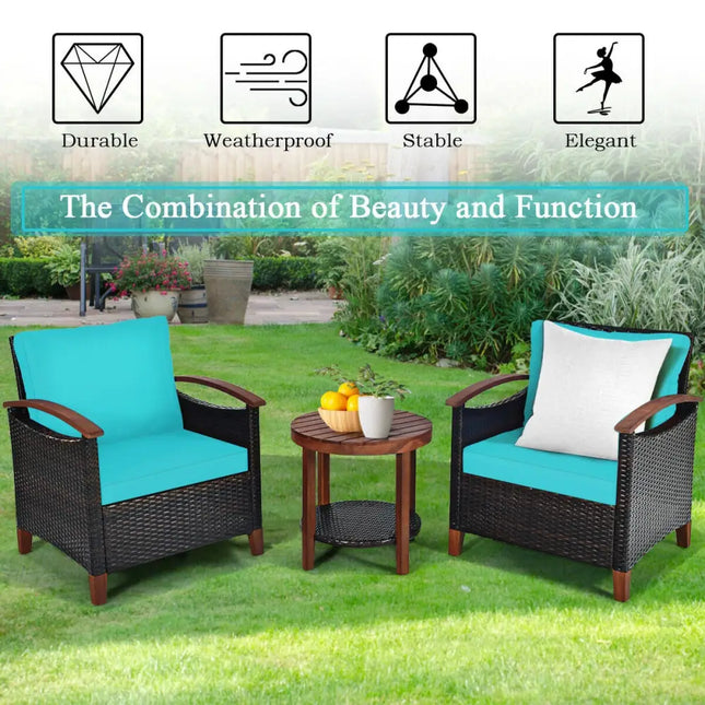 3 Pcs Solid Wood Frame Patio Rattan Furniture Set-Turquoise - Turquoise - Patio Conversation Sets