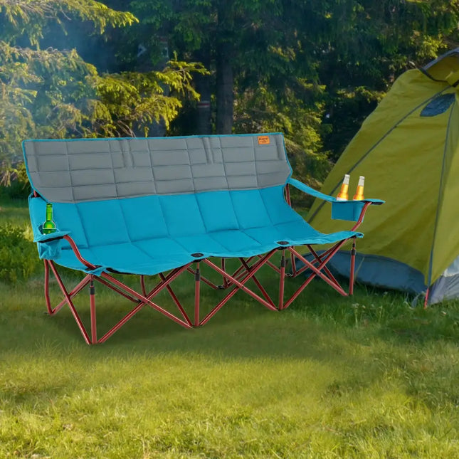 3 Person Folding Camping Chair with 2 Cup Holders Cotton Padding & Storage Bag-Blue - Blue - Camping Furniture