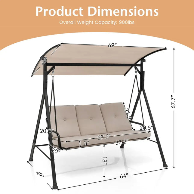 3-Person Outdoor Patio Porch Swing with Adjustable Canopy and 900 Lbs Weight Capacity - Beige - Porch Swings