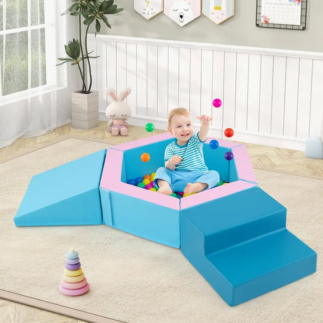 3 - Piece Baby Foam Climbing Blocks Climb and Crawl Set with 100 Ocean Balls - Blue - Oasis Home Essentials
