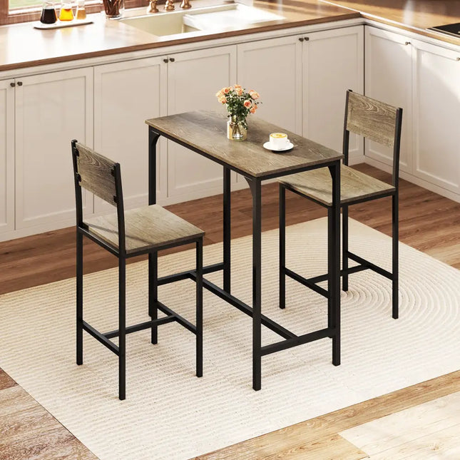 3 Piece Bar Table Set with Backrest and Footrest for Small Space-Gray - Gray - Patio Bar Furniture