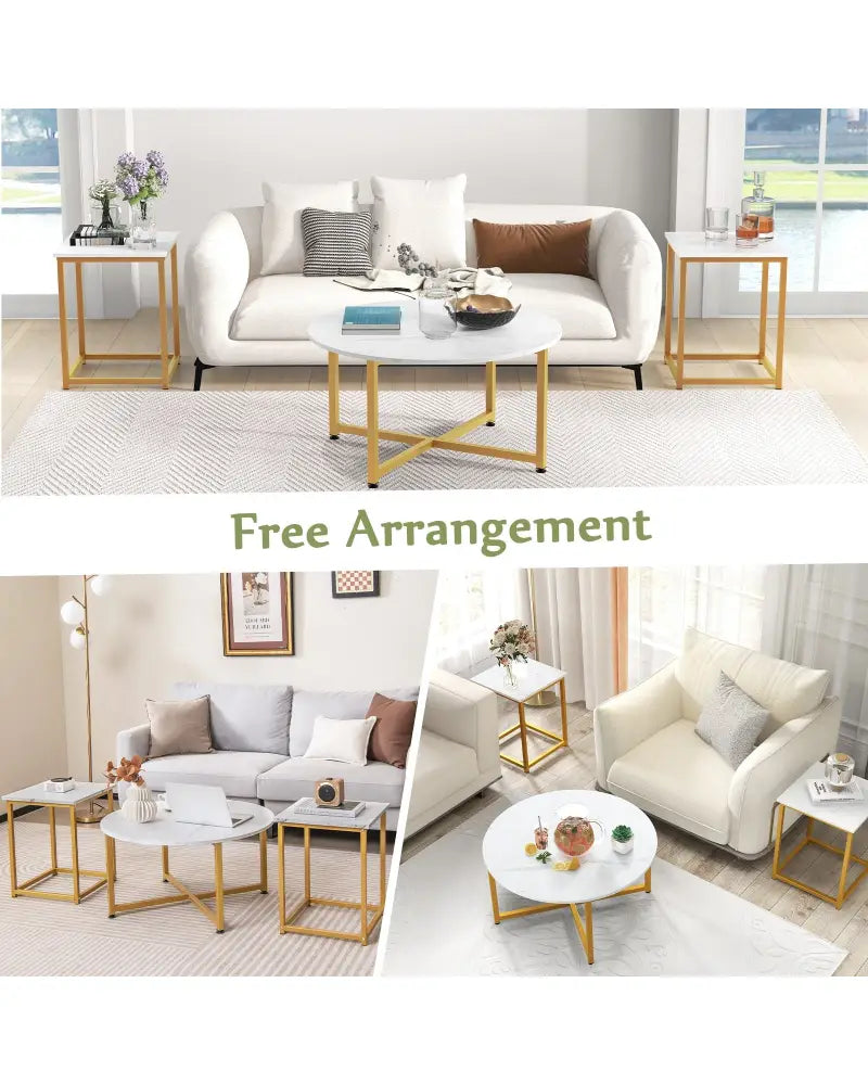 3-Piece Coffee Table Set Round Coffee Table and 2PCS Square End Tables-White and Gold - White - Coffee Tables