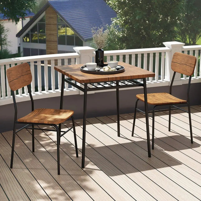 3 Piece Dining Table Set for 2 Wood Square Table with Metal Frame-Brown Costway